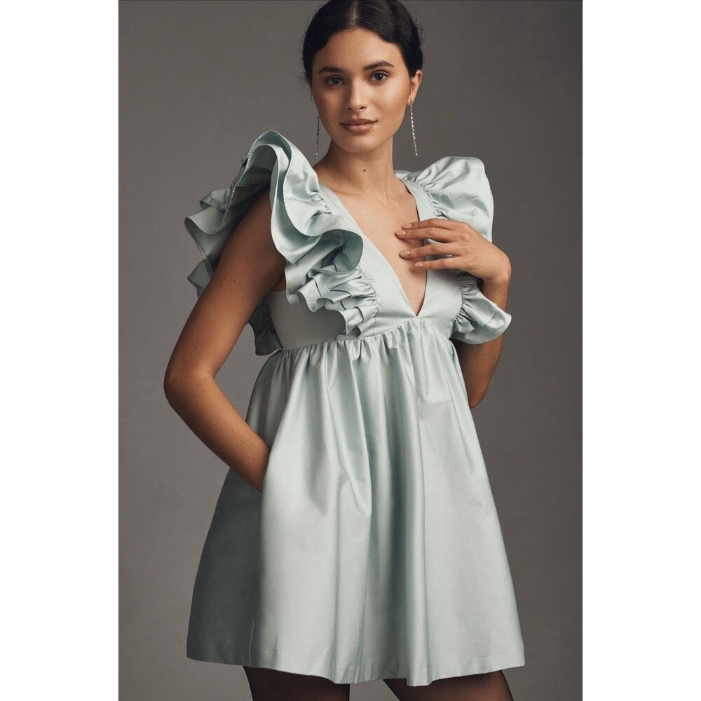 Hutch Anthropologie Mini Dress Blue V Neck Ruffle Sleeve Preppy Boho Small NWT